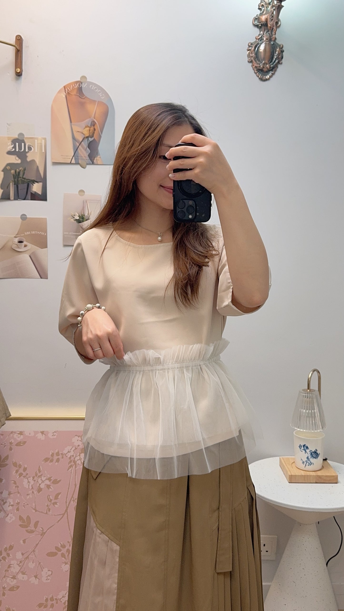 P177308《泡泡袖TOP+百變紗紗》 三色(白/淺杏//藍)