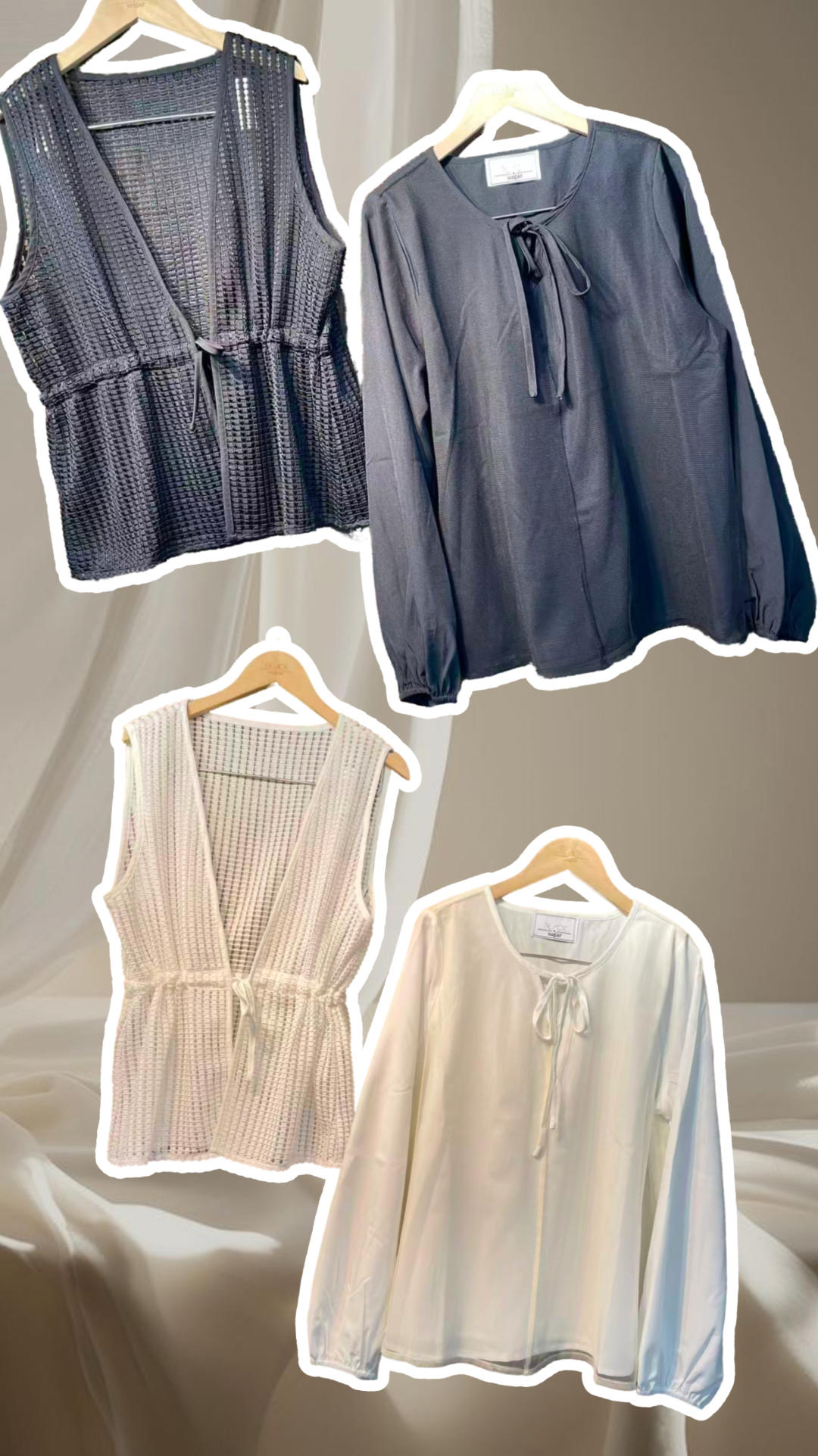 B53611 《兩件套:網背心+蝴蝶結領TOP》兩色(白/黑)