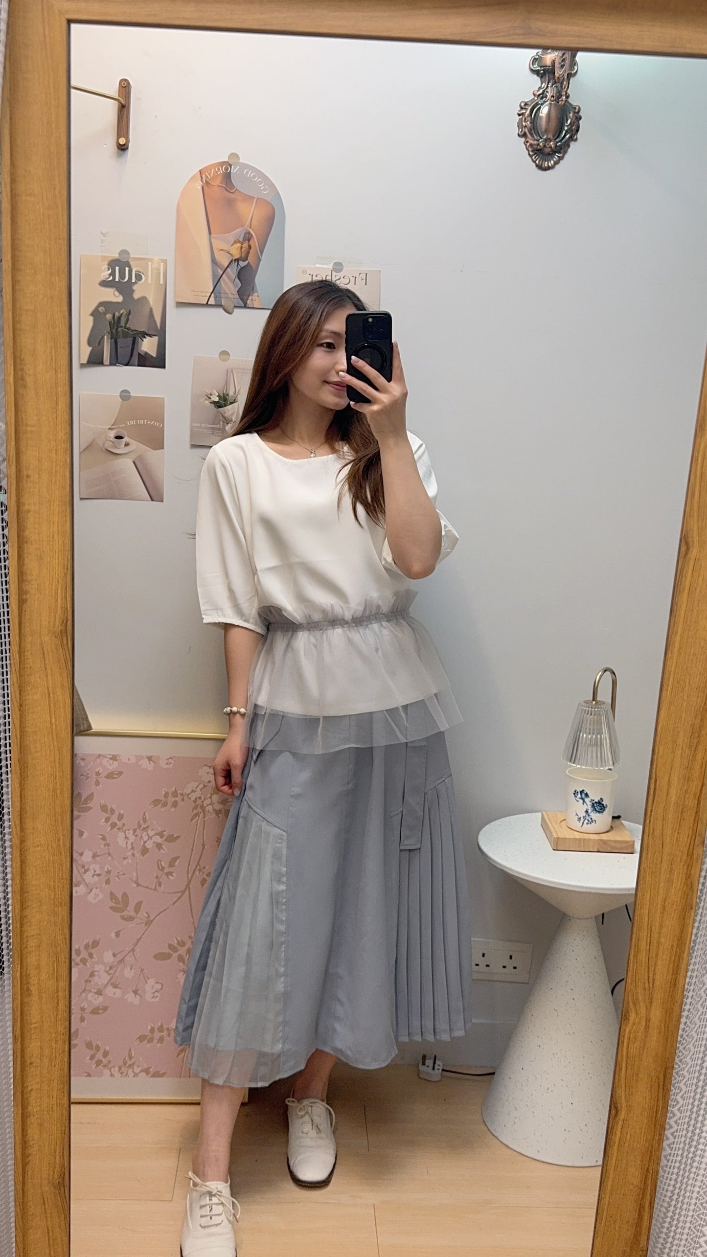 P177308《泡泡袖TOP+百變紗紗》 三色(白/淺杏//藍)