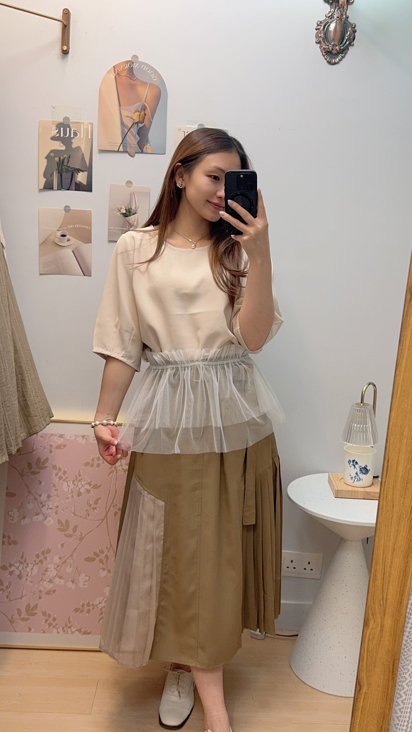 P177308《泡泡袖TOP+百變紗紗》 三色(白/淺杏//藍)