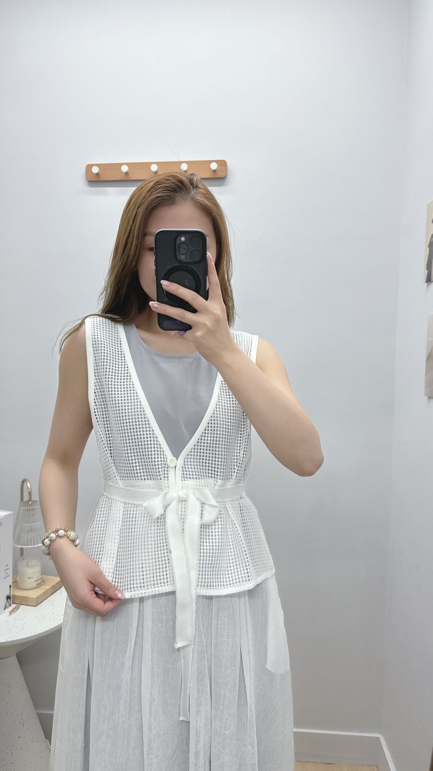 B17604《背心連身裙拼格仔網》白紫色 SIZE2