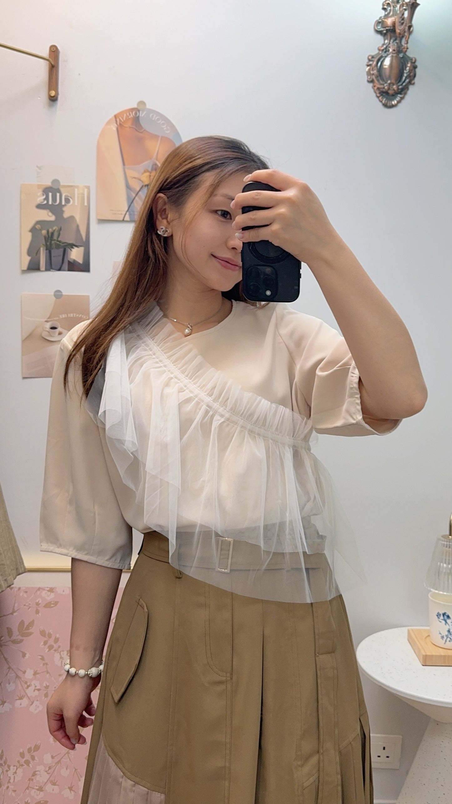 P177308《泡泡袖TOP+百變紗紗》 三色(白/淺杏//藍)