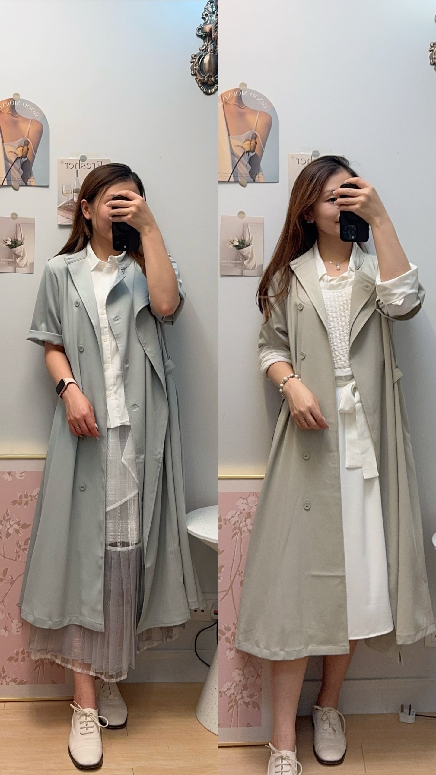 M258108 《超有氣質!靚色TRENCH COAT!!!!》 兩色(鼠尾草綠/灰藍/黑)