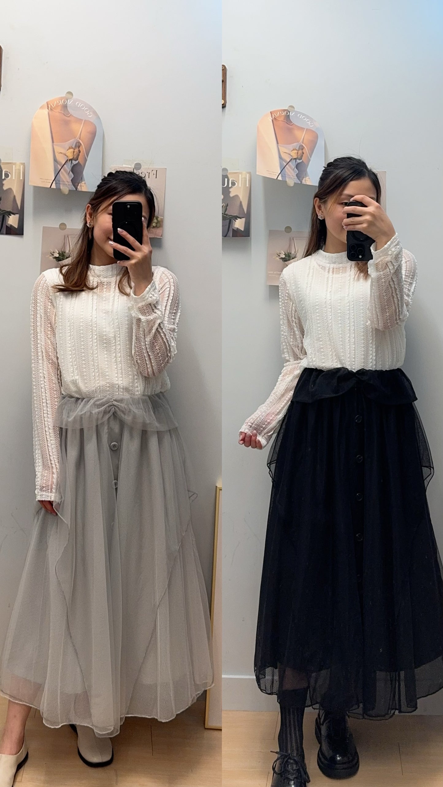 B53510 《橡筋腰層次紗裙》 兩色（灰/黑）