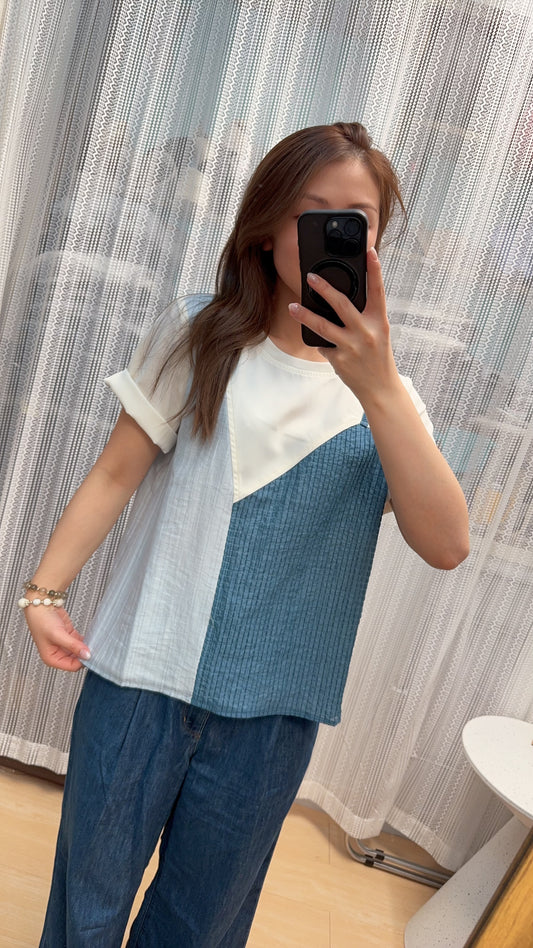 P177405《假吊帶背心拼格紋TOP》藍米黃