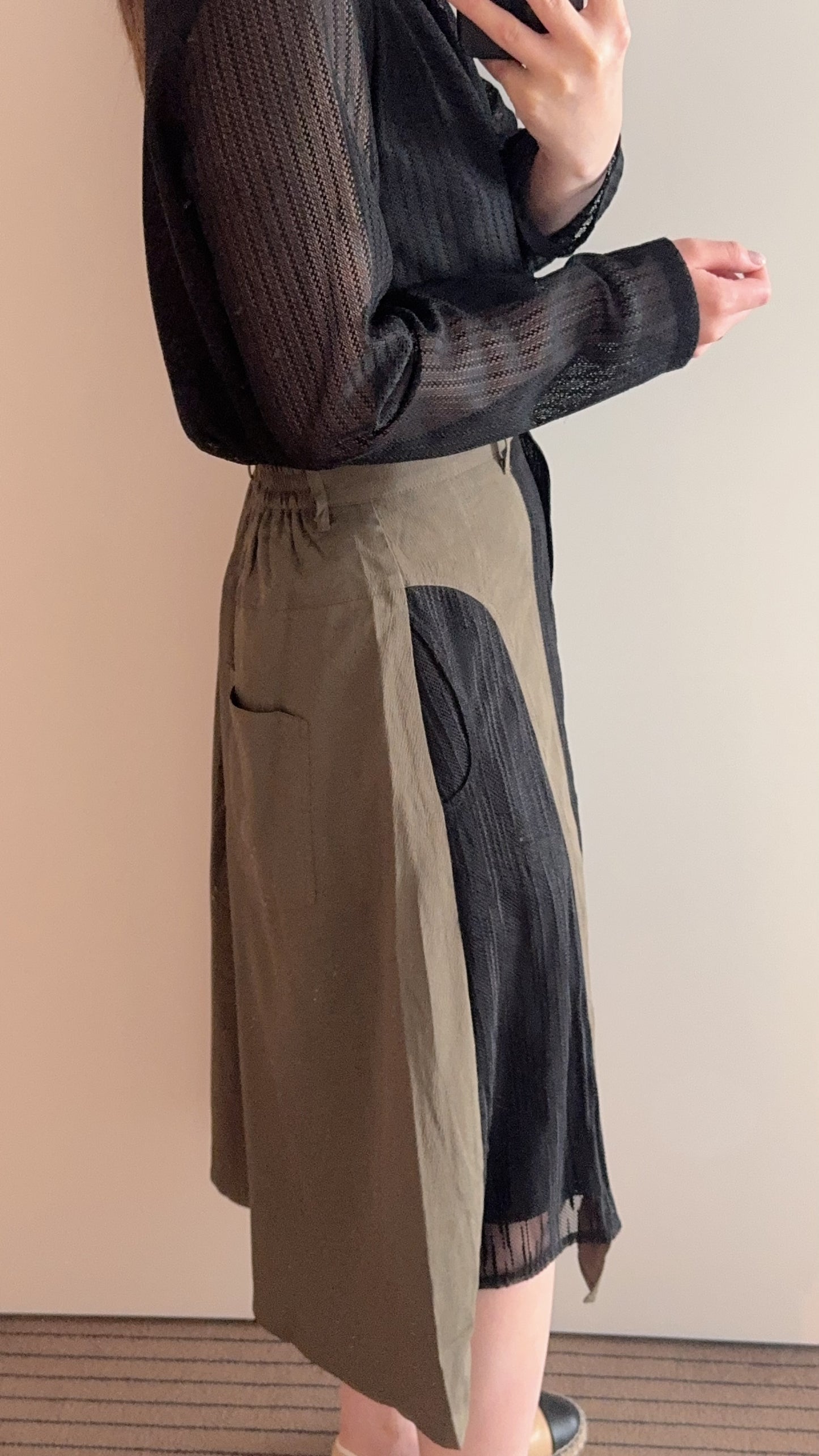 P168004《樹紋拼網布前短後長半截裙》（藍灰/黑綠）
