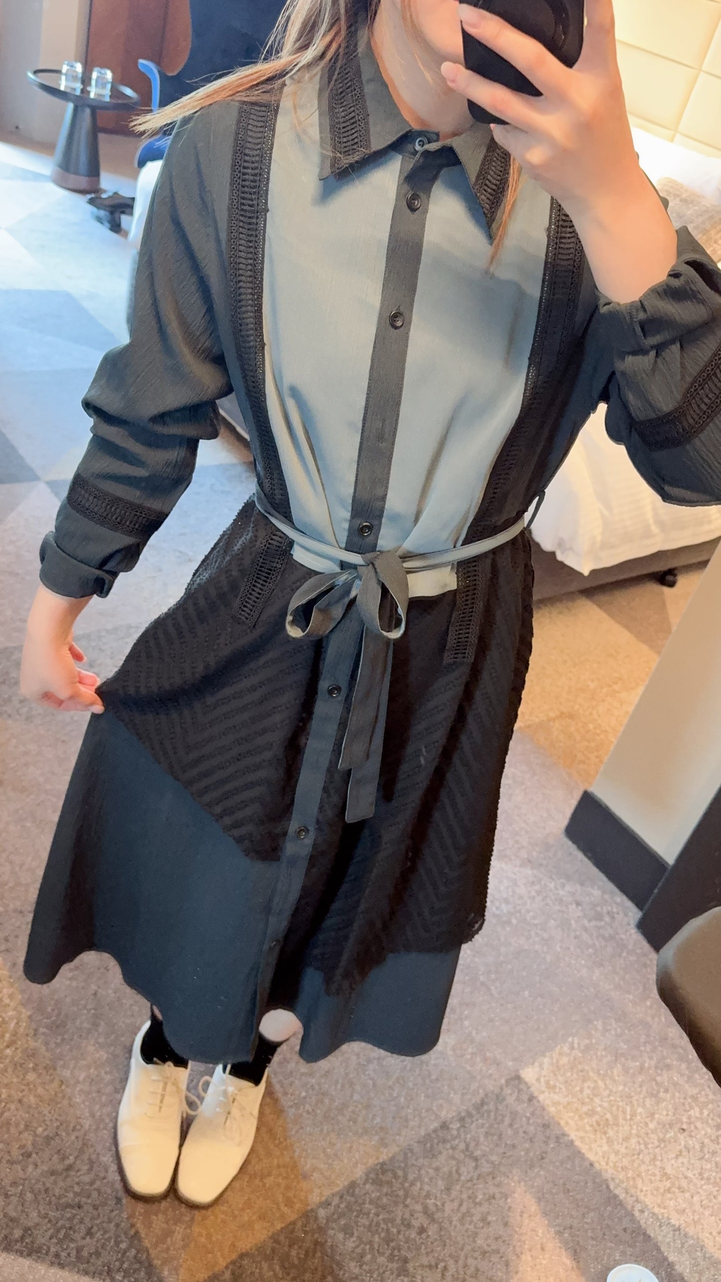 B46401《輕身樹紋布拼條子OPS》（淺藍/灰黑）