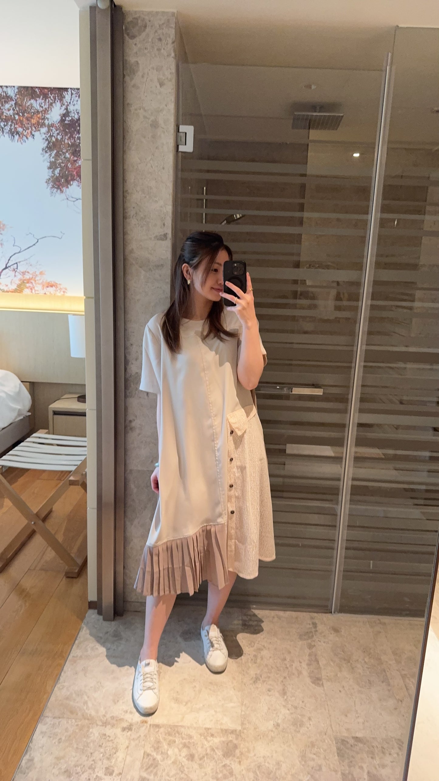 P174103《圓領滑捋捋拼百褶OPS》（杏/藍）