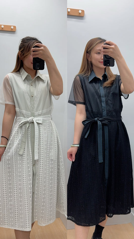 B47004《重手工透透袖拼全Lace OPS》（淺粉綠/黑藍）