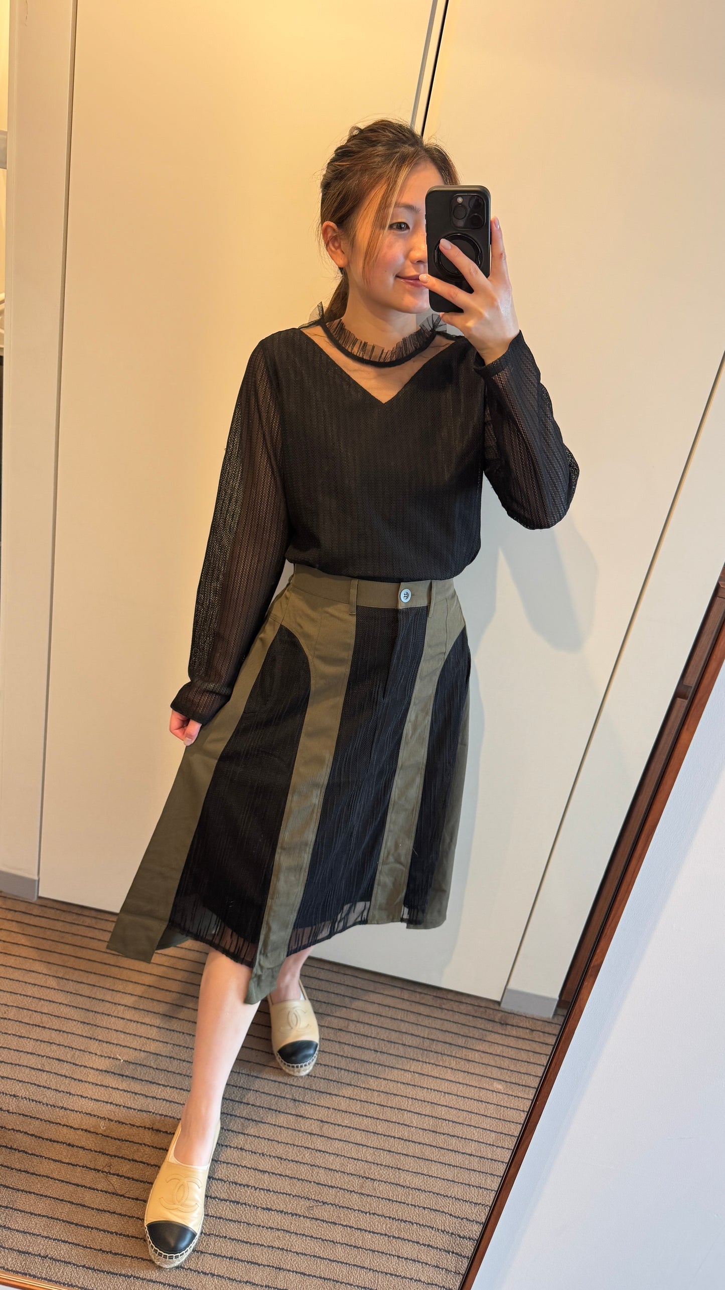 P168004《樹紋拼網布前短後長半截裙》（藍灰/黑綠）