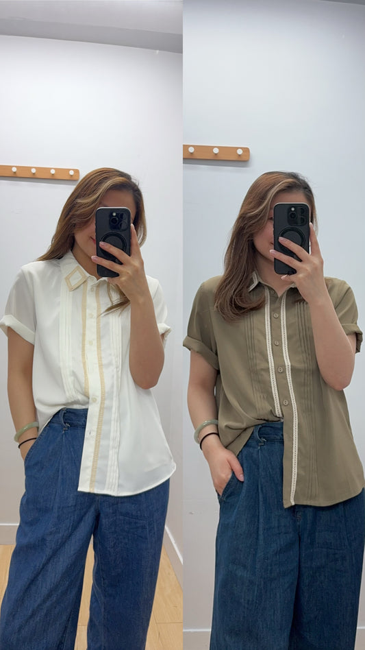 P176004《復古 100%舒服 恤衫》（白/綠）