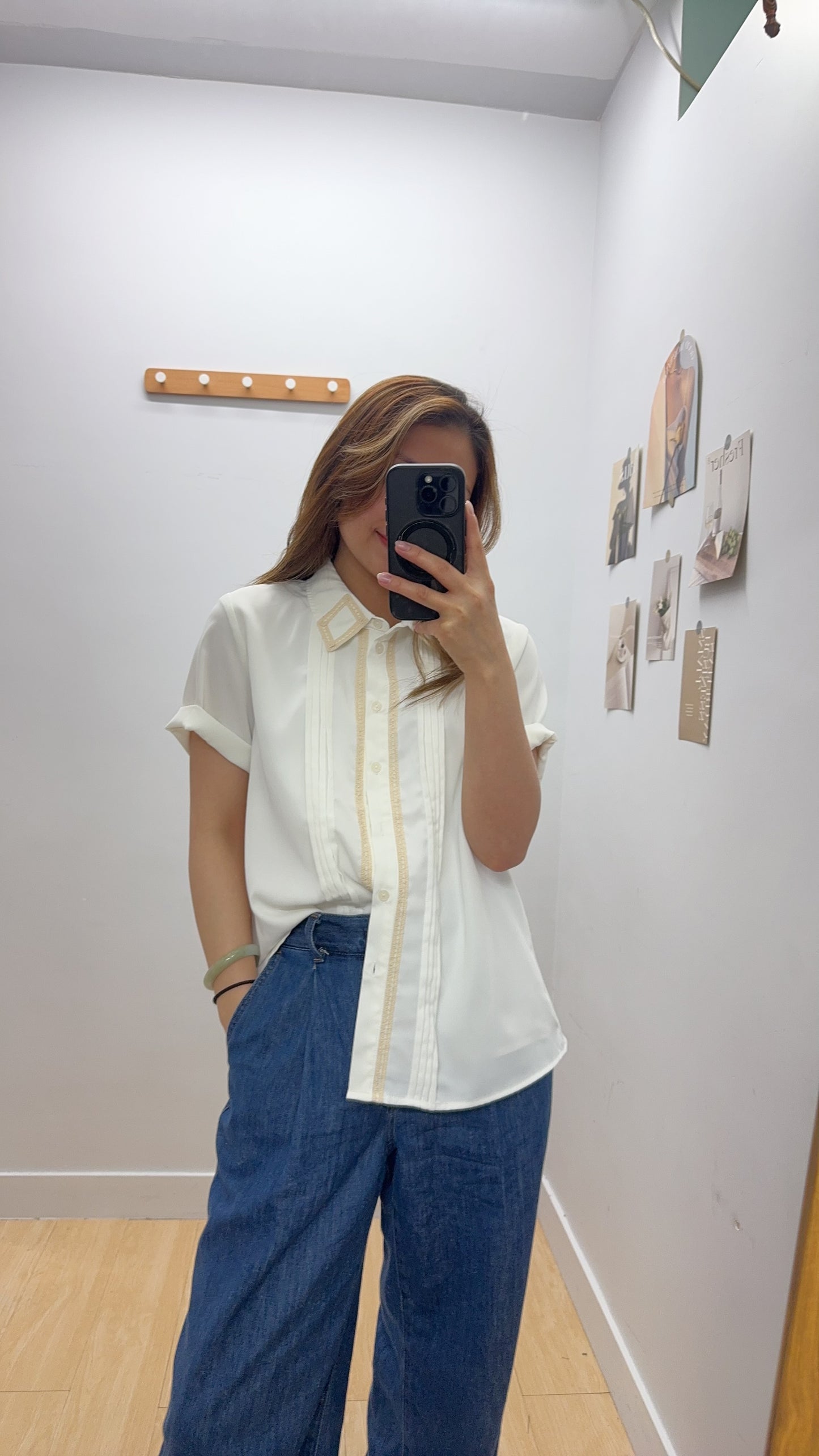P176004《復古 100%舒服 恤衫》（白/綠）