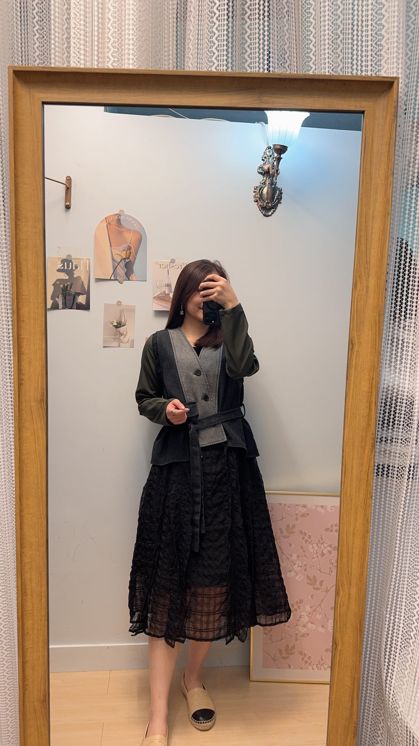 B53410 《牛仔馬甲+美美格仔皺皺OPS》 兩色（白藍/黑綠）