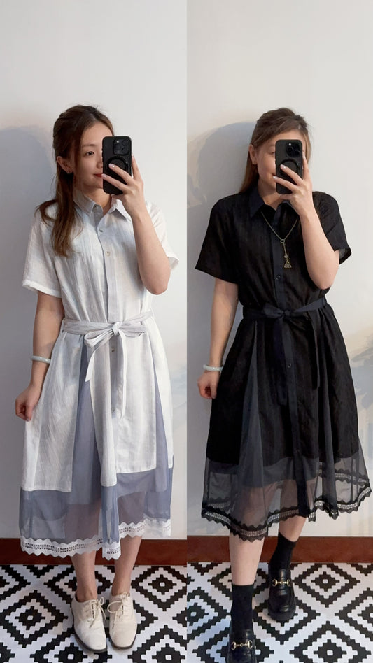 B46702《Girly暗格拼波浪裙尾OPS》（白拼灰紫/黑拼灰）