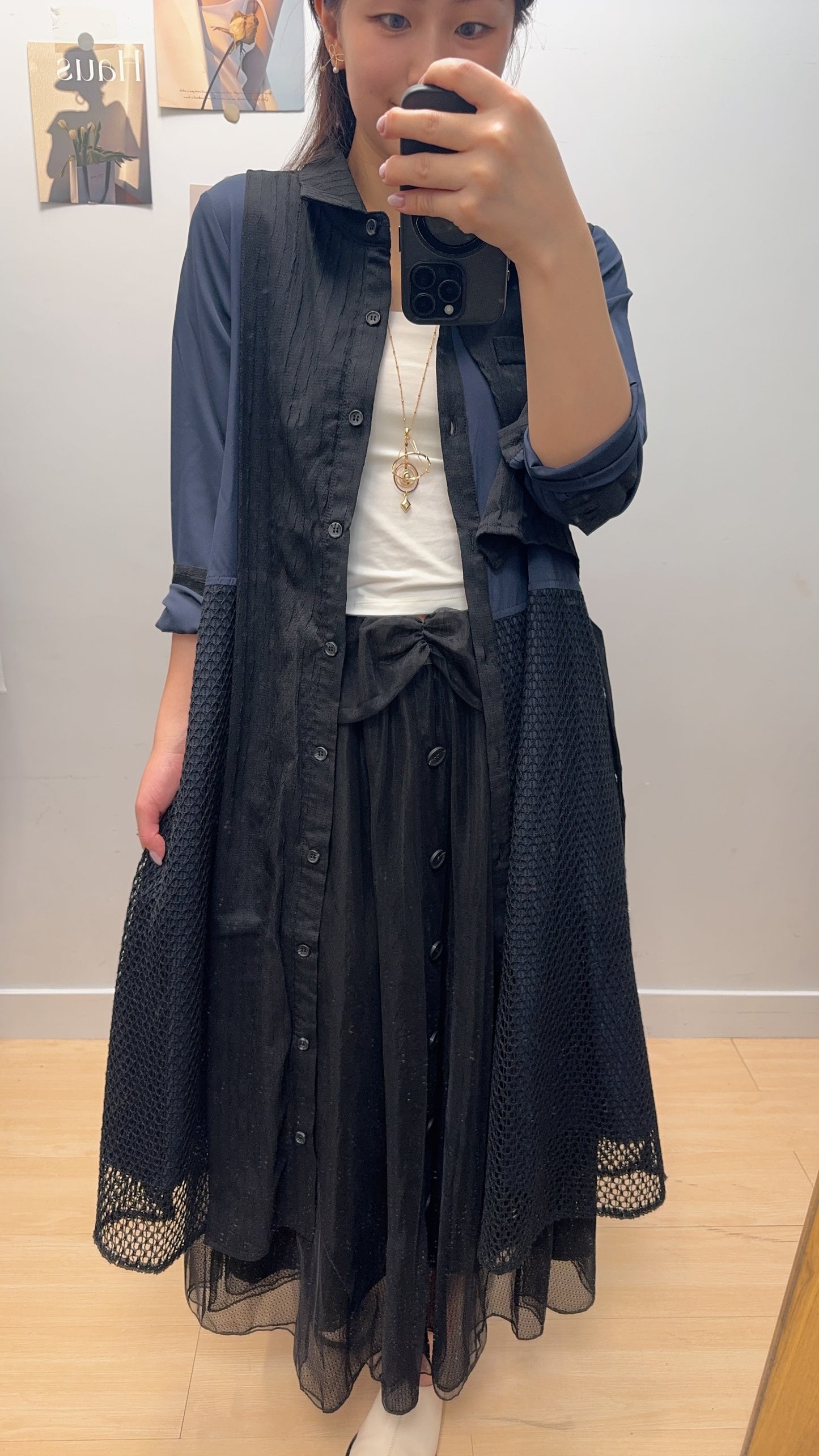 B53710 《暗直紋拼通花OPS》 兩色（杏/黑）