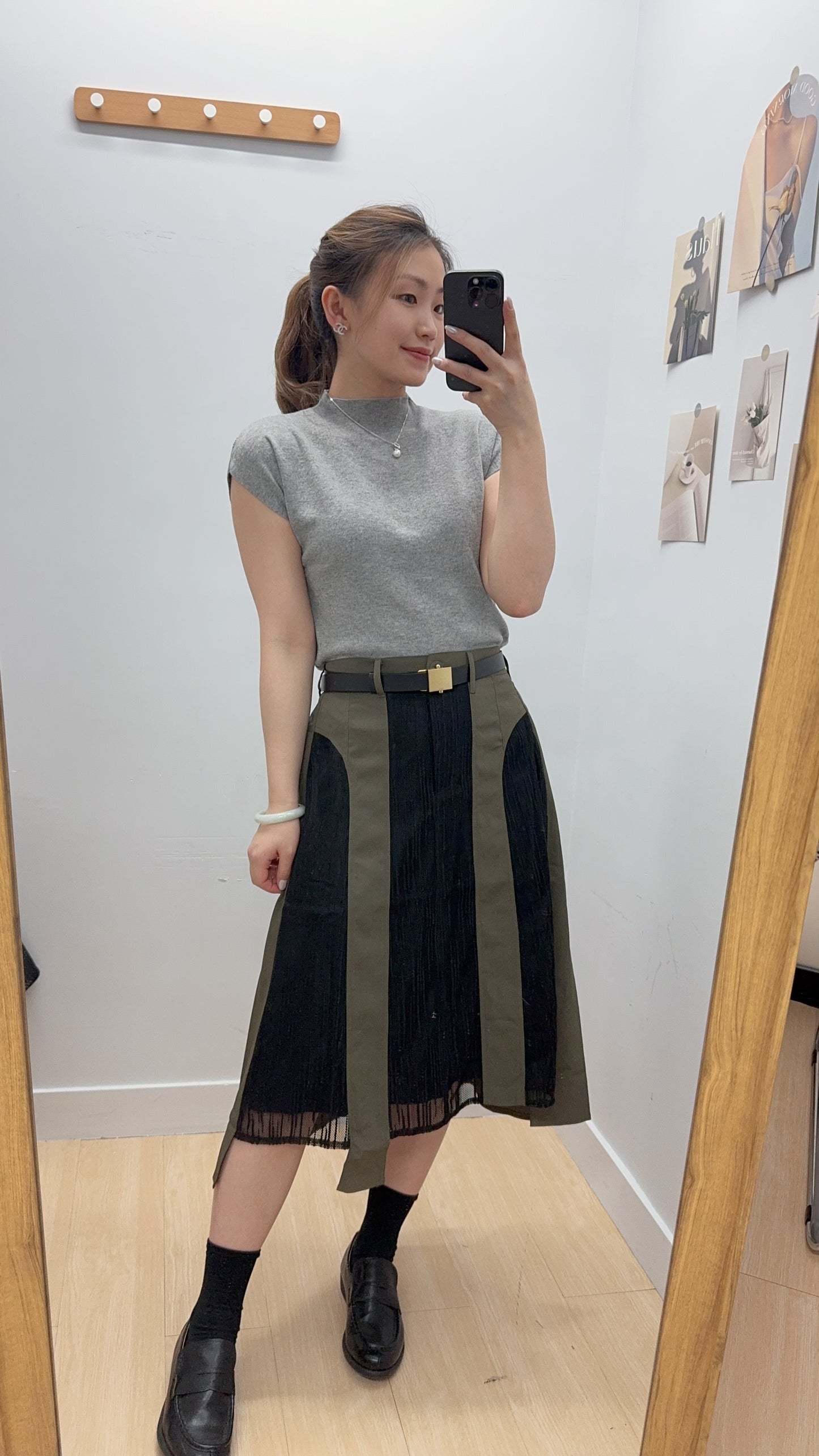 P168004《樹紋拼網布前短後長半截裙》（藍灰/黑綠）