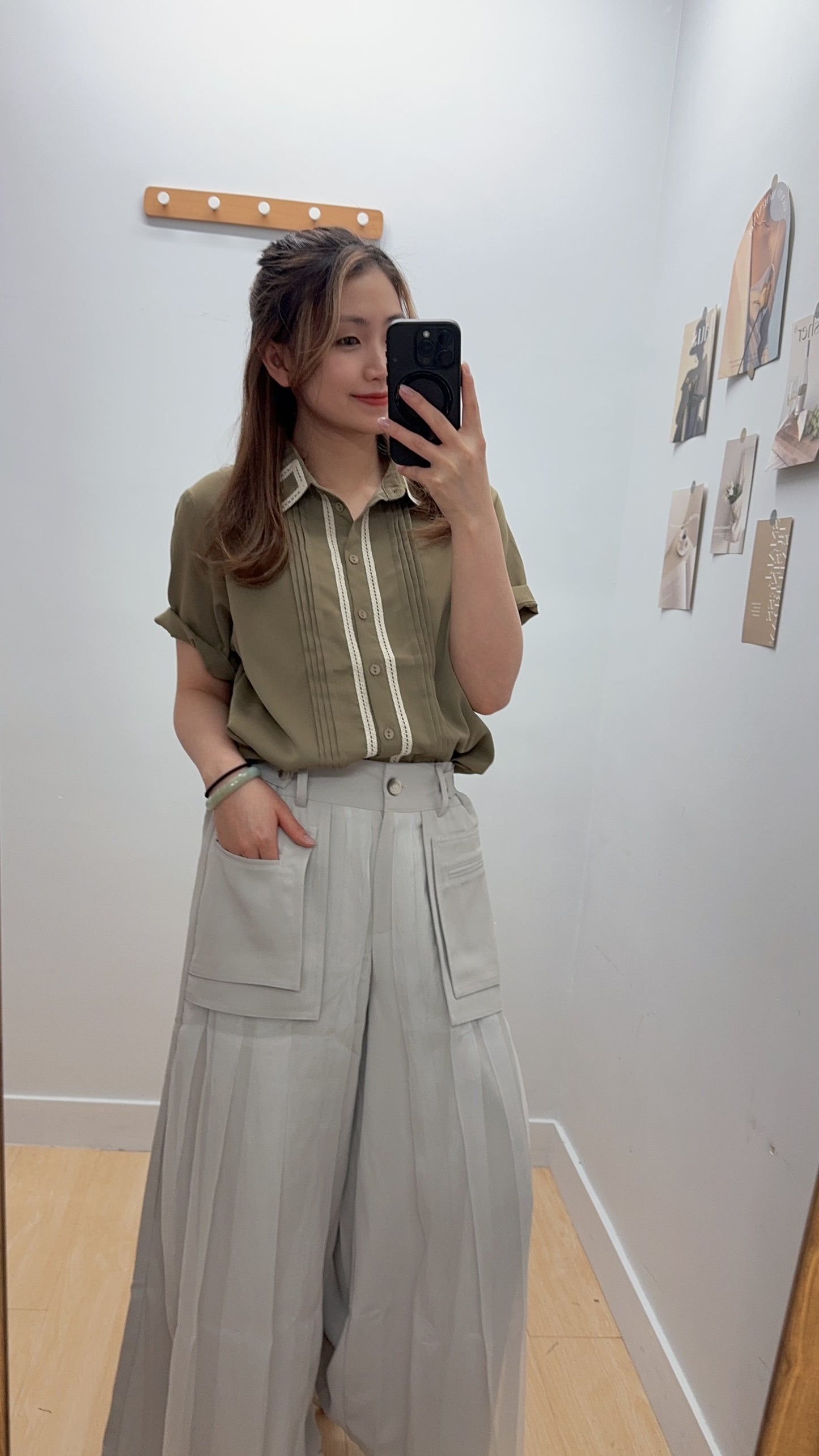 P176004《復古 100%舒服 恤衫》（白/綠）
