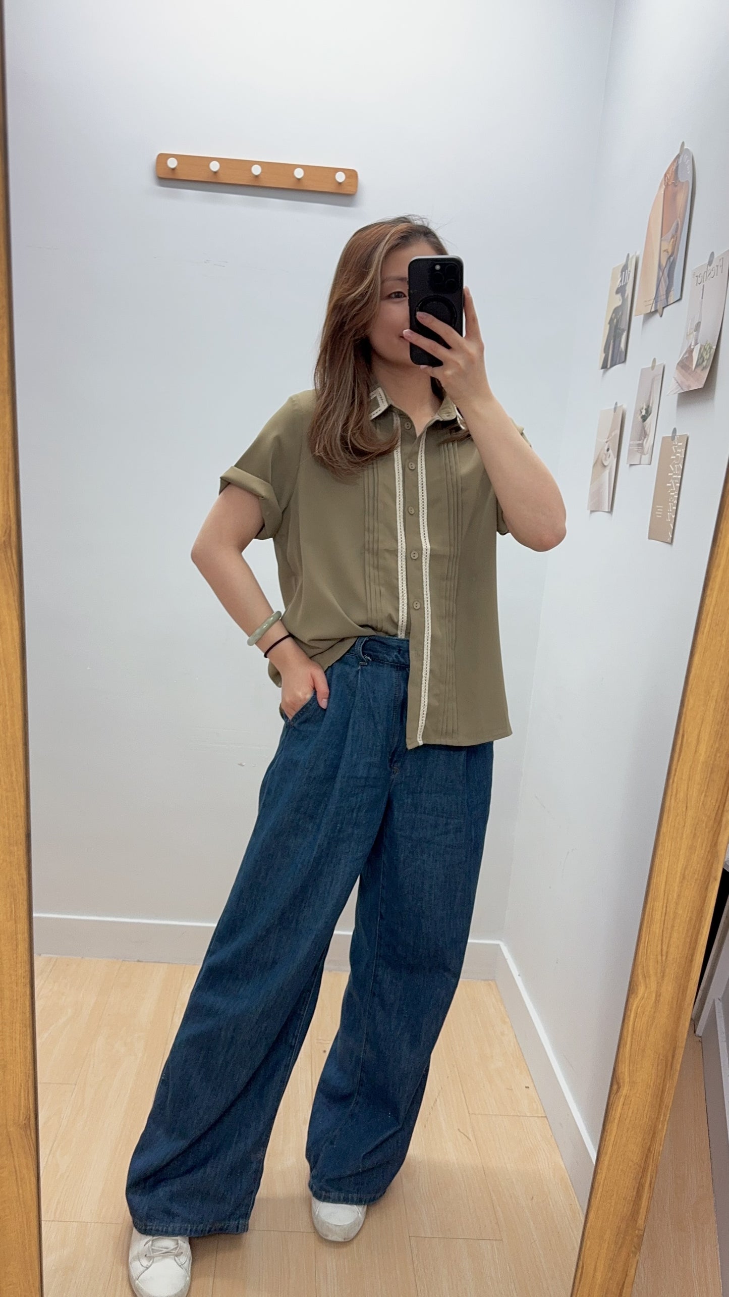 P176004《復古 100%舒服 恤衫》（白/綠）