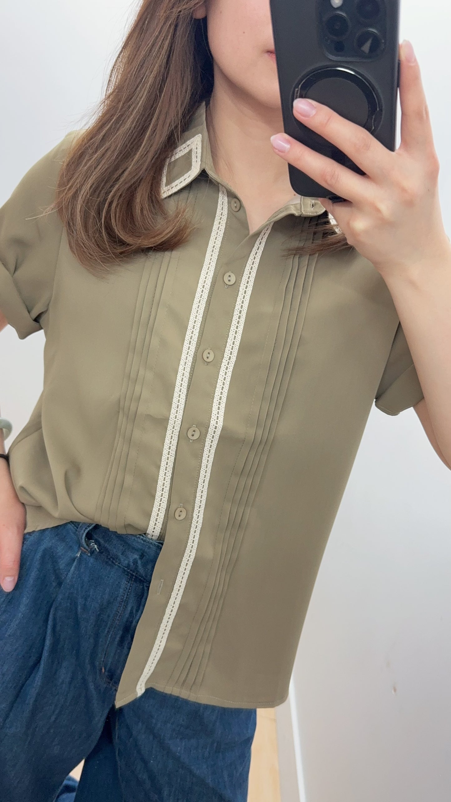 P176004《復古 100%舒服 恤衫》（白/綠）