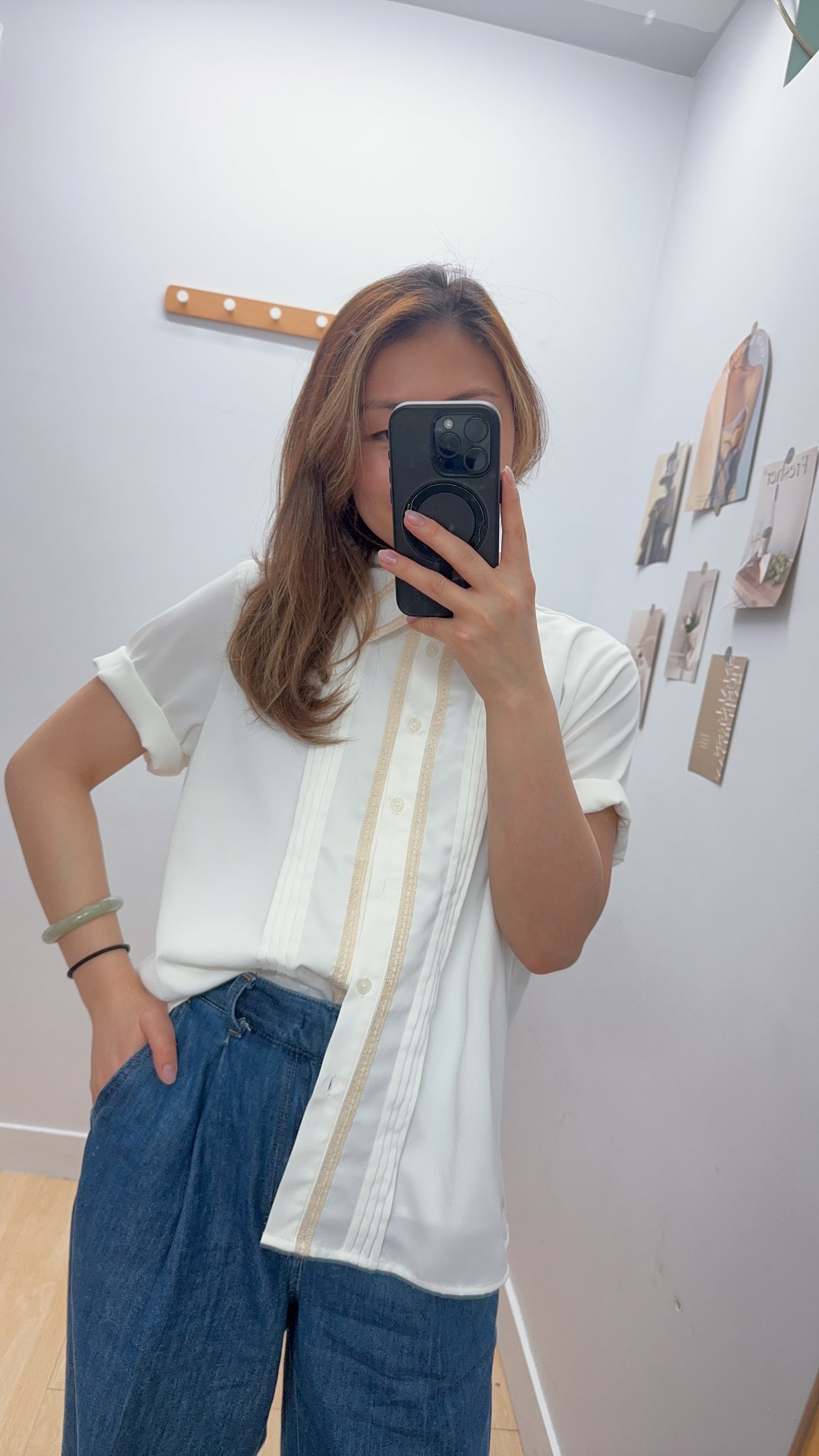 P176004《復古 100%舒服 恤衫》（白/綠）