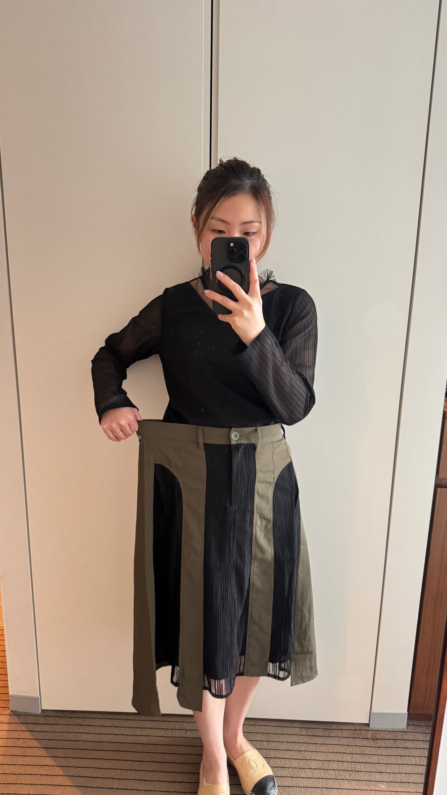 P168004《樹紋拼網布前短後長半截裙》（藍灰/黑綠）