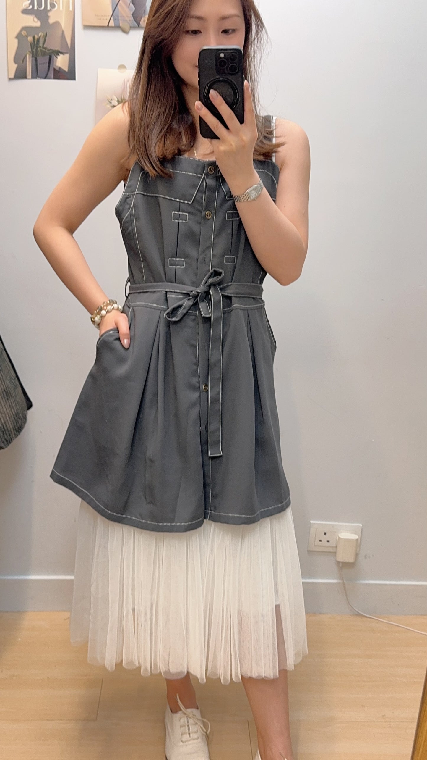 P180010《中長款明線吊帶～襯衫一流》兩色（綠/藍）