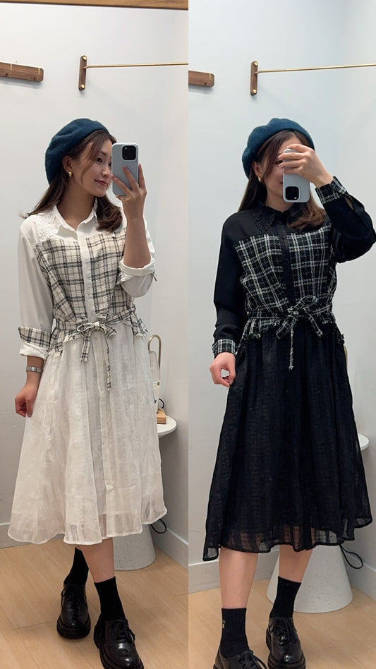 M262711 《Lace領拼格仔OPS》兩色（白/黑）