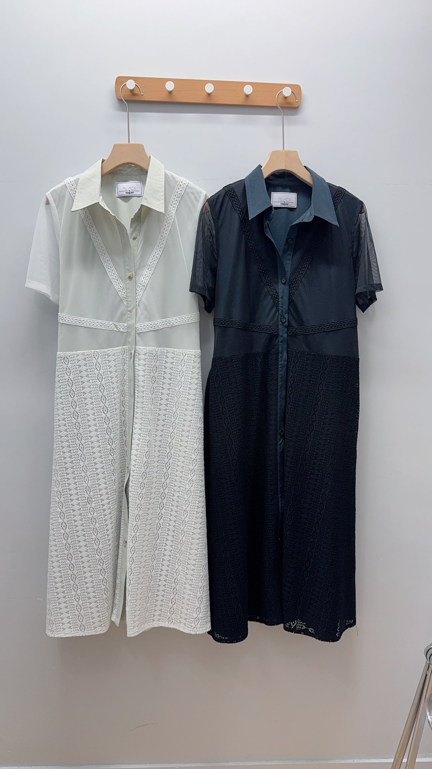 B47004《重手工透透袖拼全Lace OPS》（淺粉綠/黑藍）