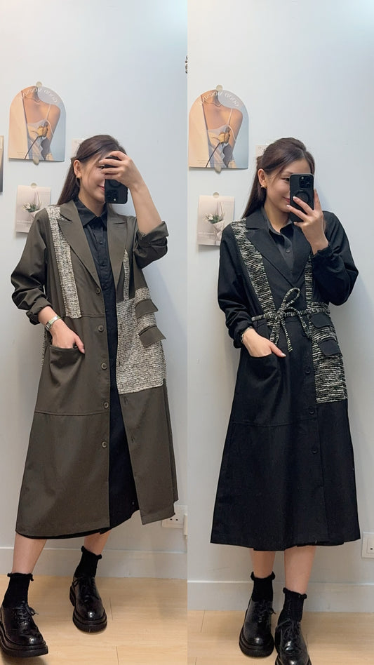 M248610 《兩件套：薄混色麻外套+背心長恤衫》兩色（黑/墨綠）