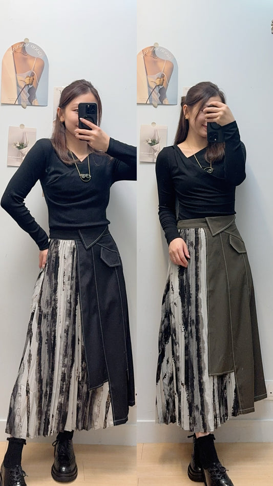 P180310 《明線拼印花型格半裙》兩色（綠/黑）