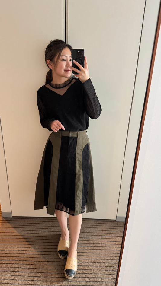 P168004《樹紋拼網布前短後長半截裙》（藍灰/黑綠）