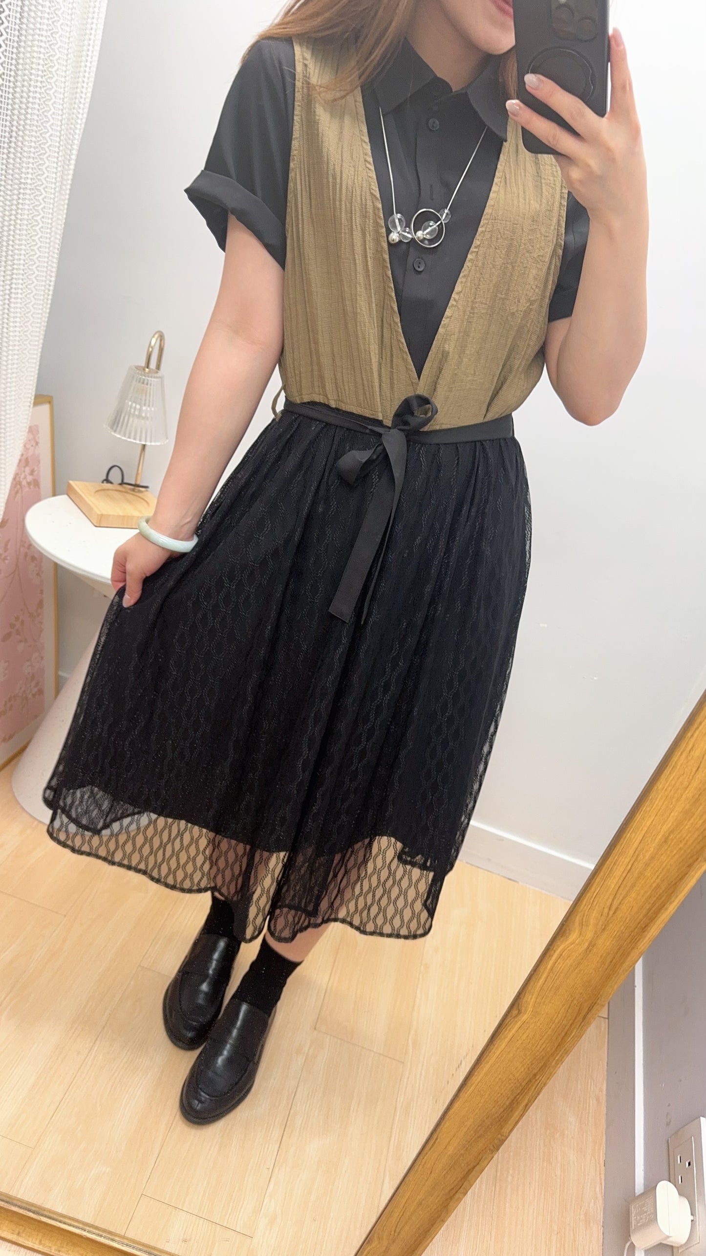 P176305《超輕2in1假兩件OPS》裸白/黑黃
