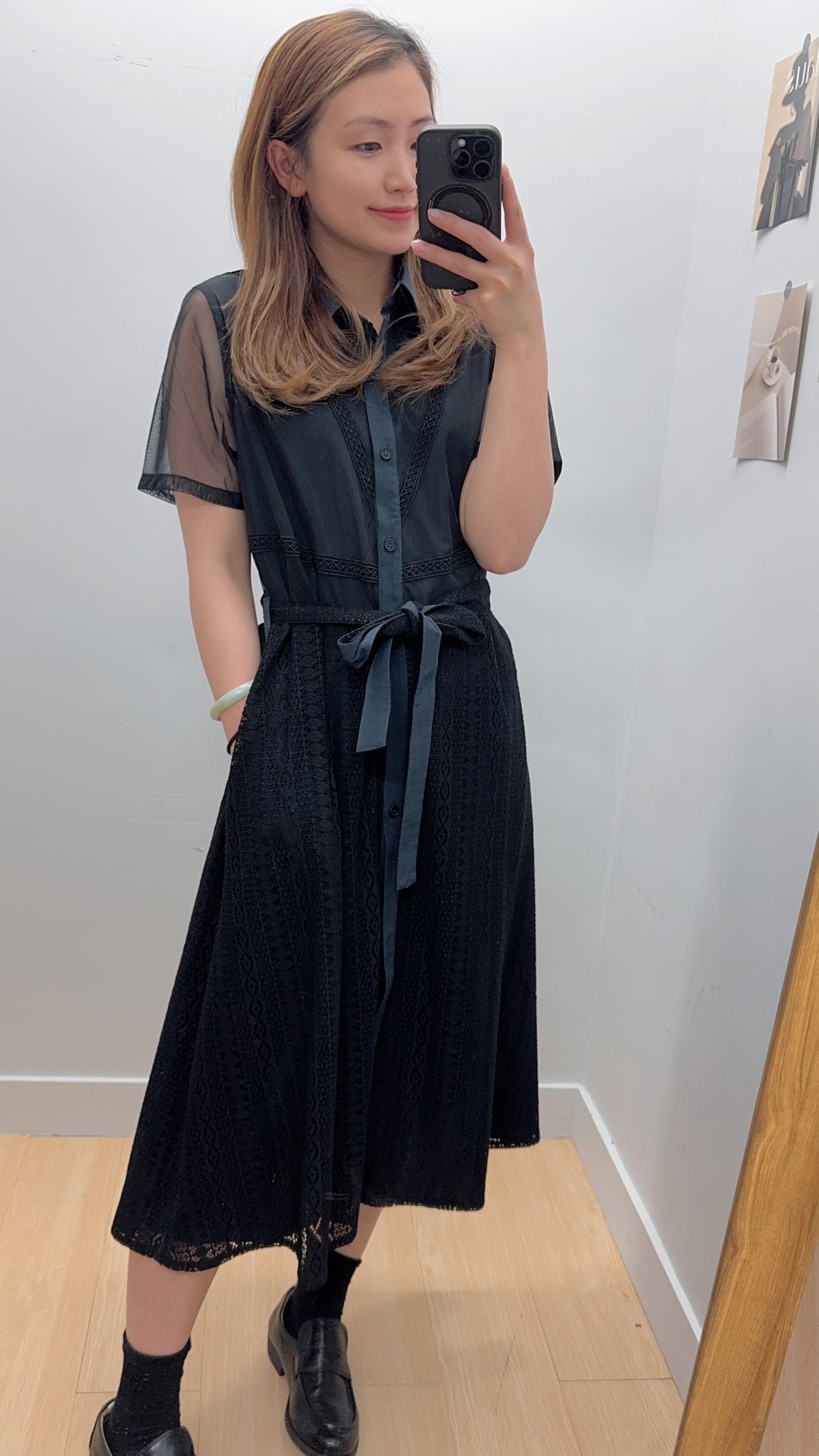 B47004《重手工透透袖拼全Lace OPS》（淺粉綠/黑藍）