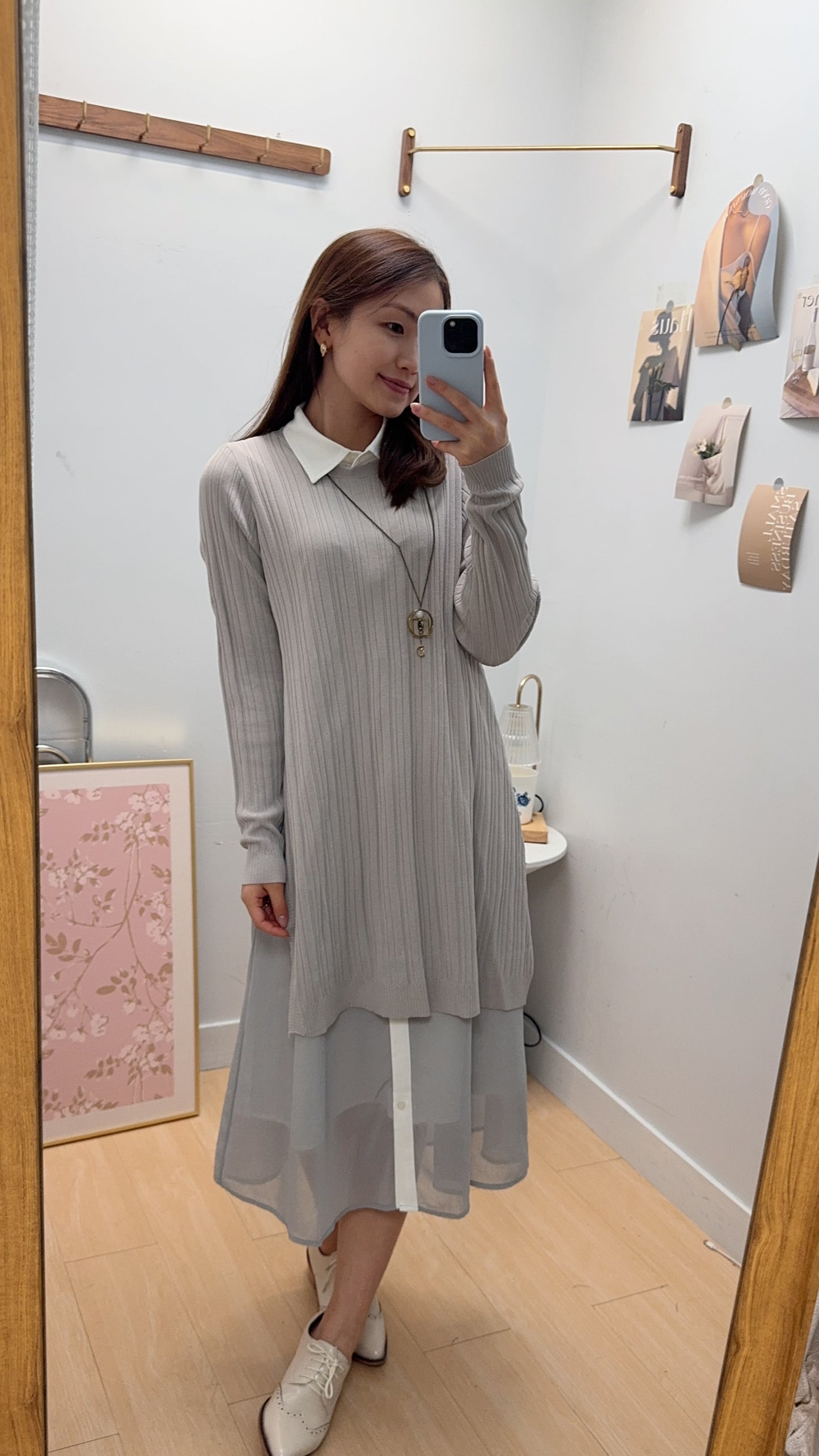 M261311 《顯瘦背心袖恤衫+坑紋針織冷衫》杏