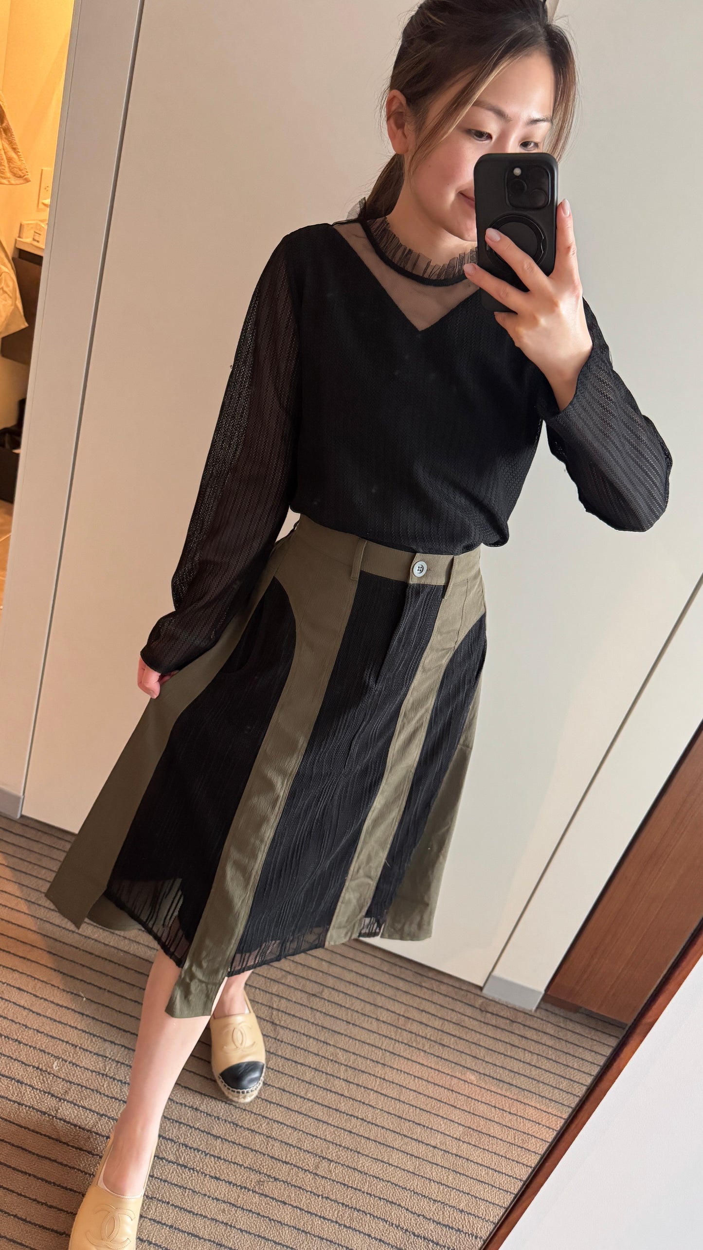 P168004《樹紋拼網布前短後長半截裙》（藍灰/黑綠）