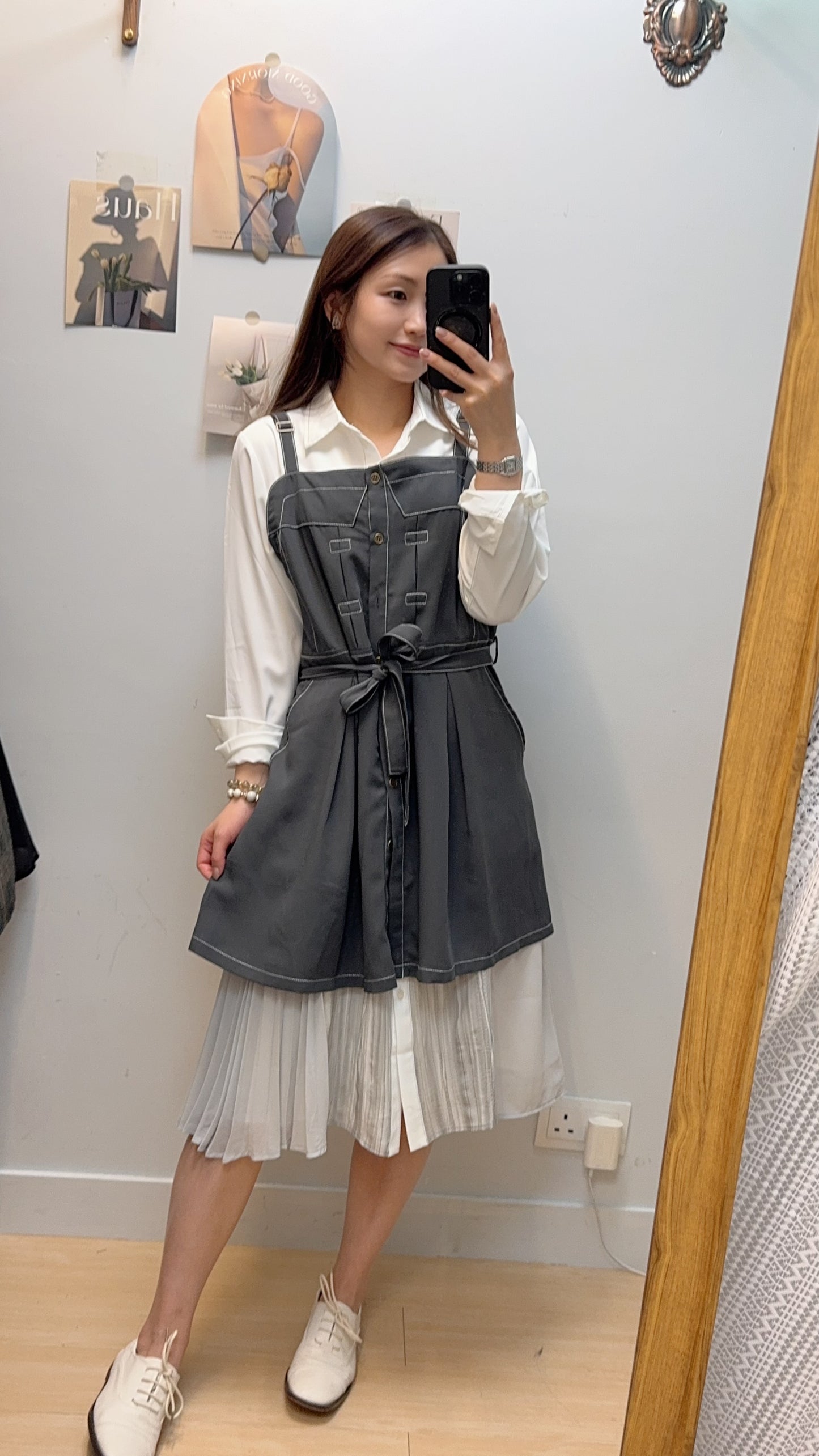 P180010《中長款明線吊帶～襯衫一流》兩色（綠/藍）