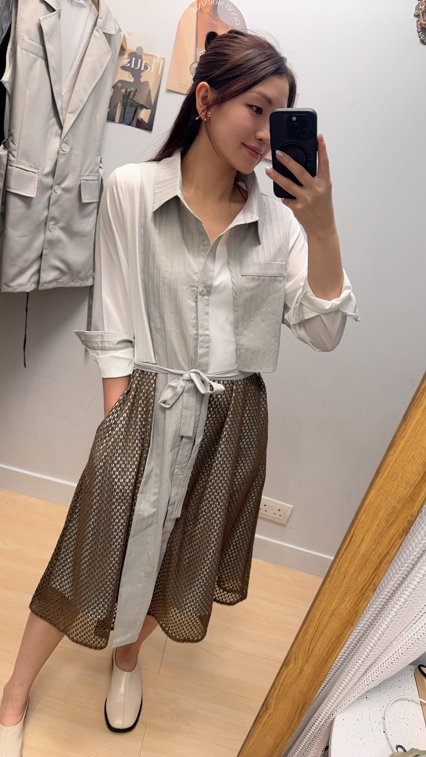 B53710 《暗直紋拼通花OPS》 兩色（杏/黑）