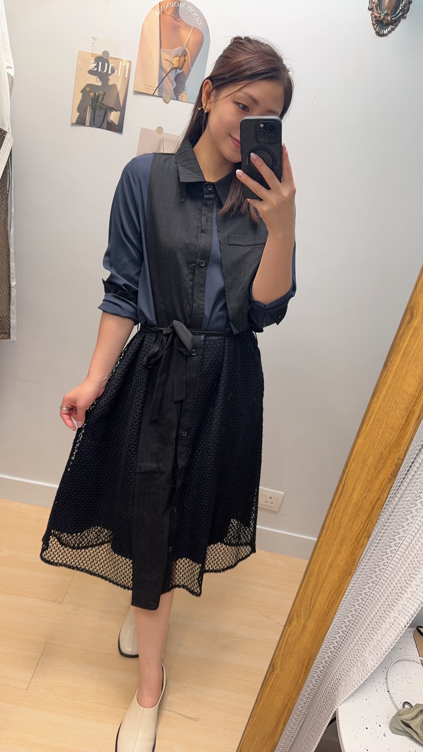 B53710 《暗直紋拼通花OPS》 兩色（杏/黑）