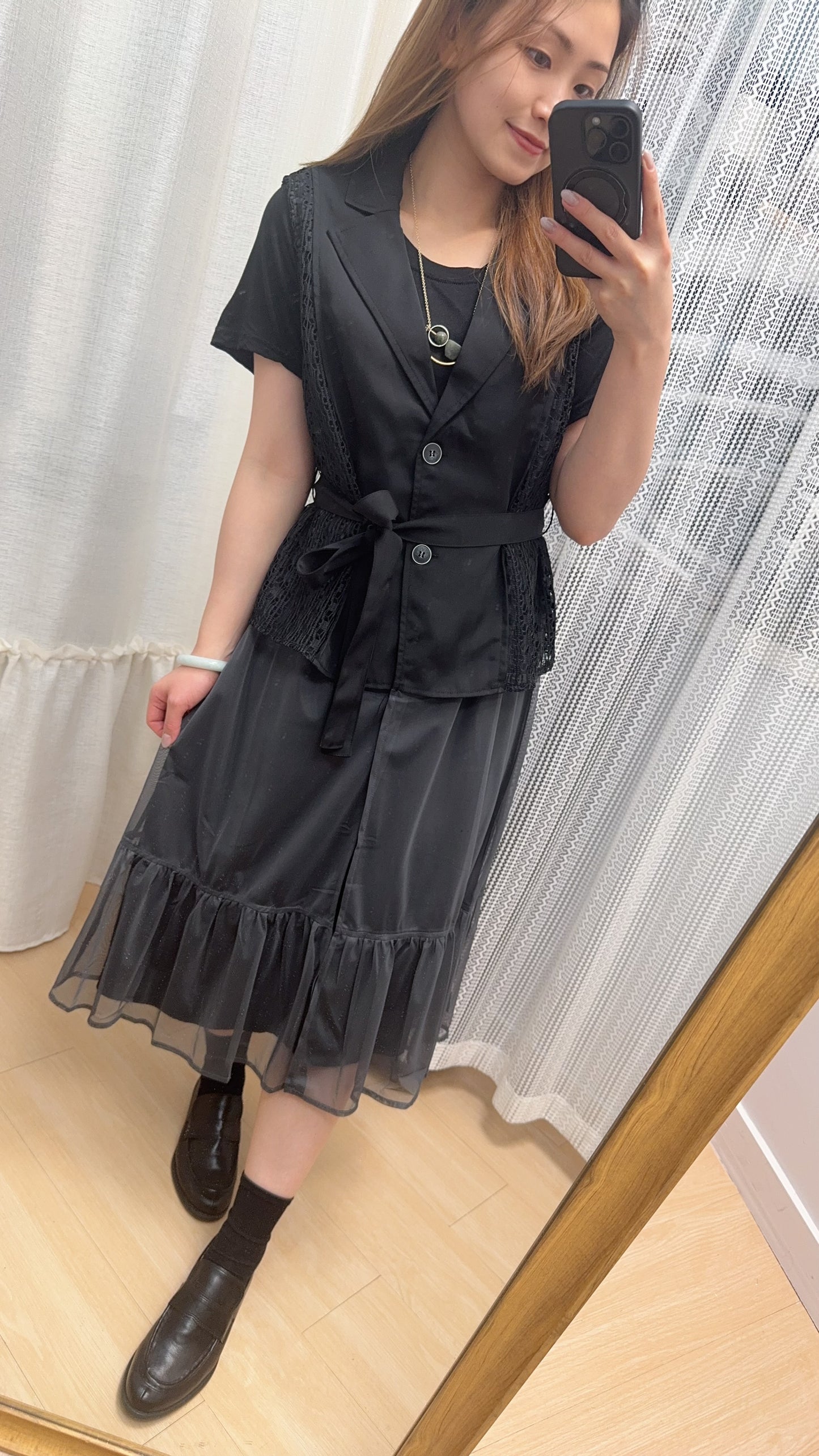 B50405《一套兩件！親膚打底拼背心外套》杏/黑