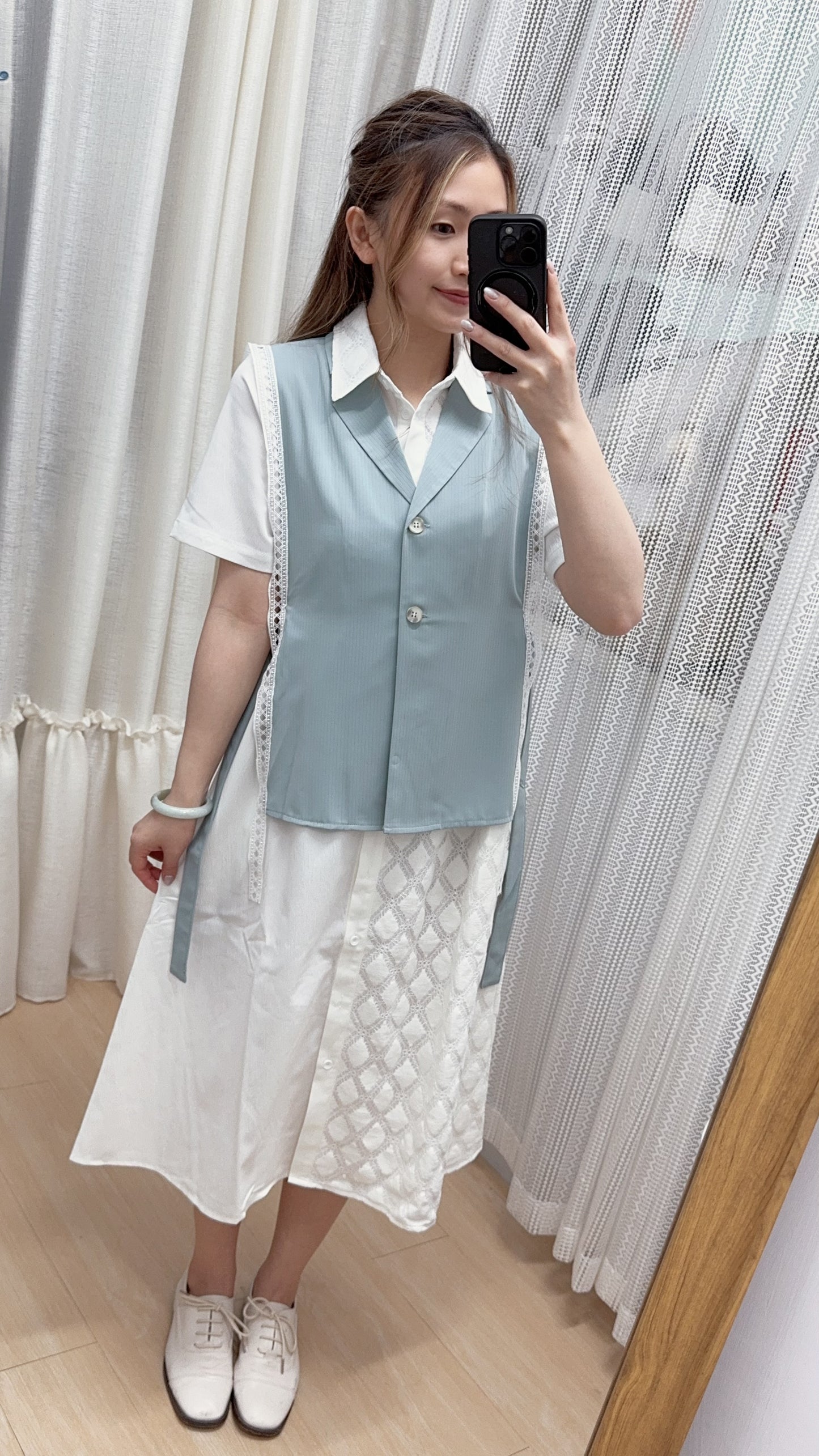 B47403《2件套～馬甲小背心+拼布OPS》（白綠/黑藍）