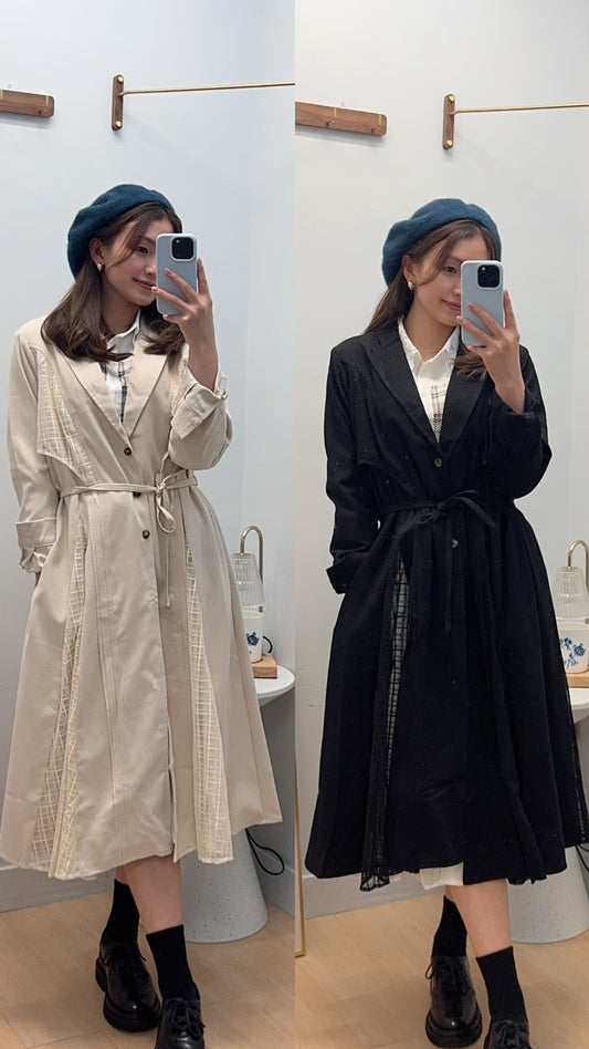 M244011 《推薦！高貴薄絨修腰拼布外套》兩色（白/黑）