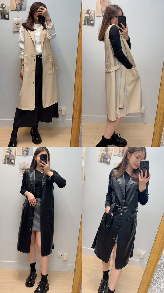 M263010 《軟身彷皮外套拼側百褶》兩色（杏/黑）