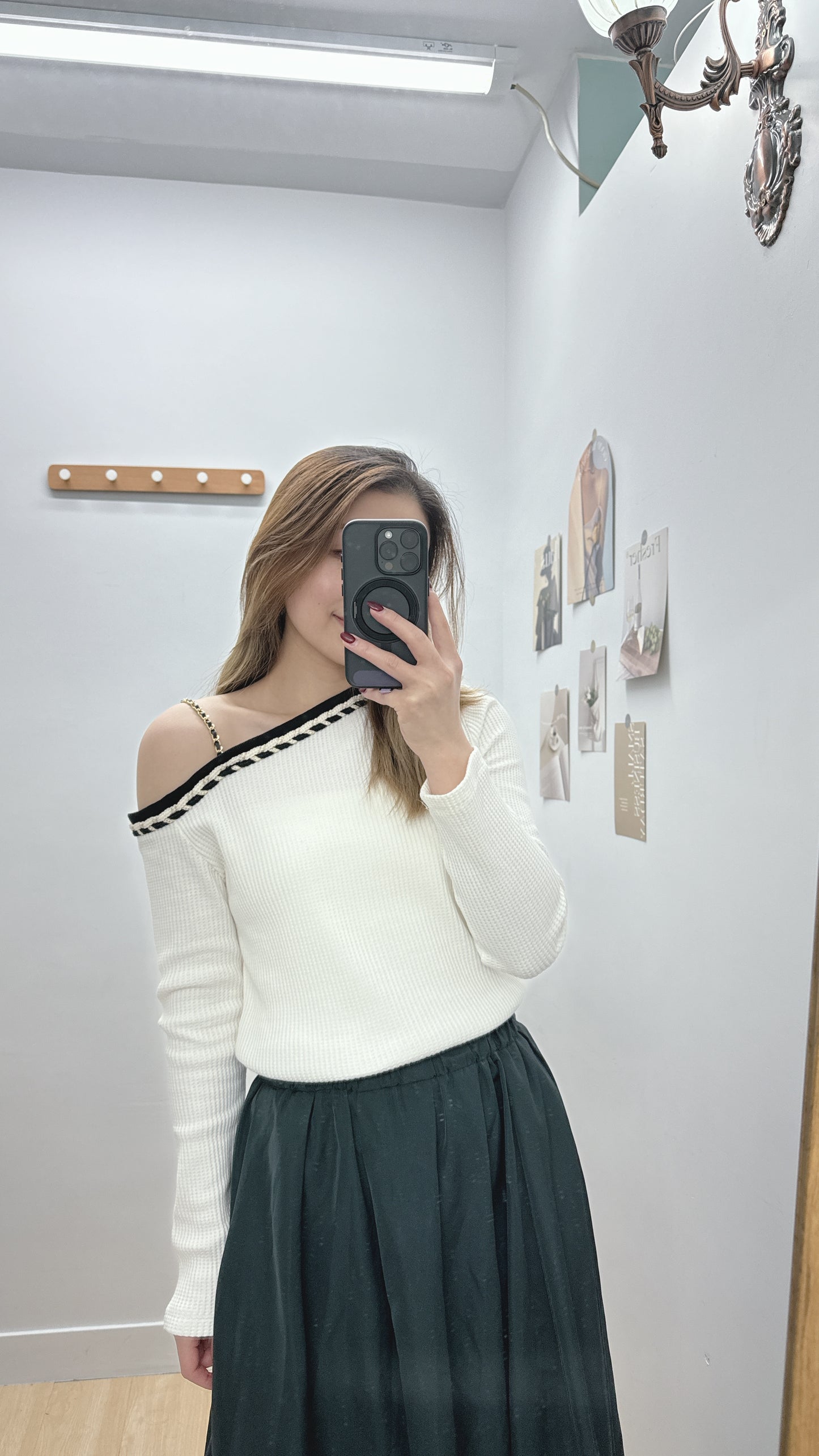 現貨【3月韓國】小香風斜肩韓系TOP 白色