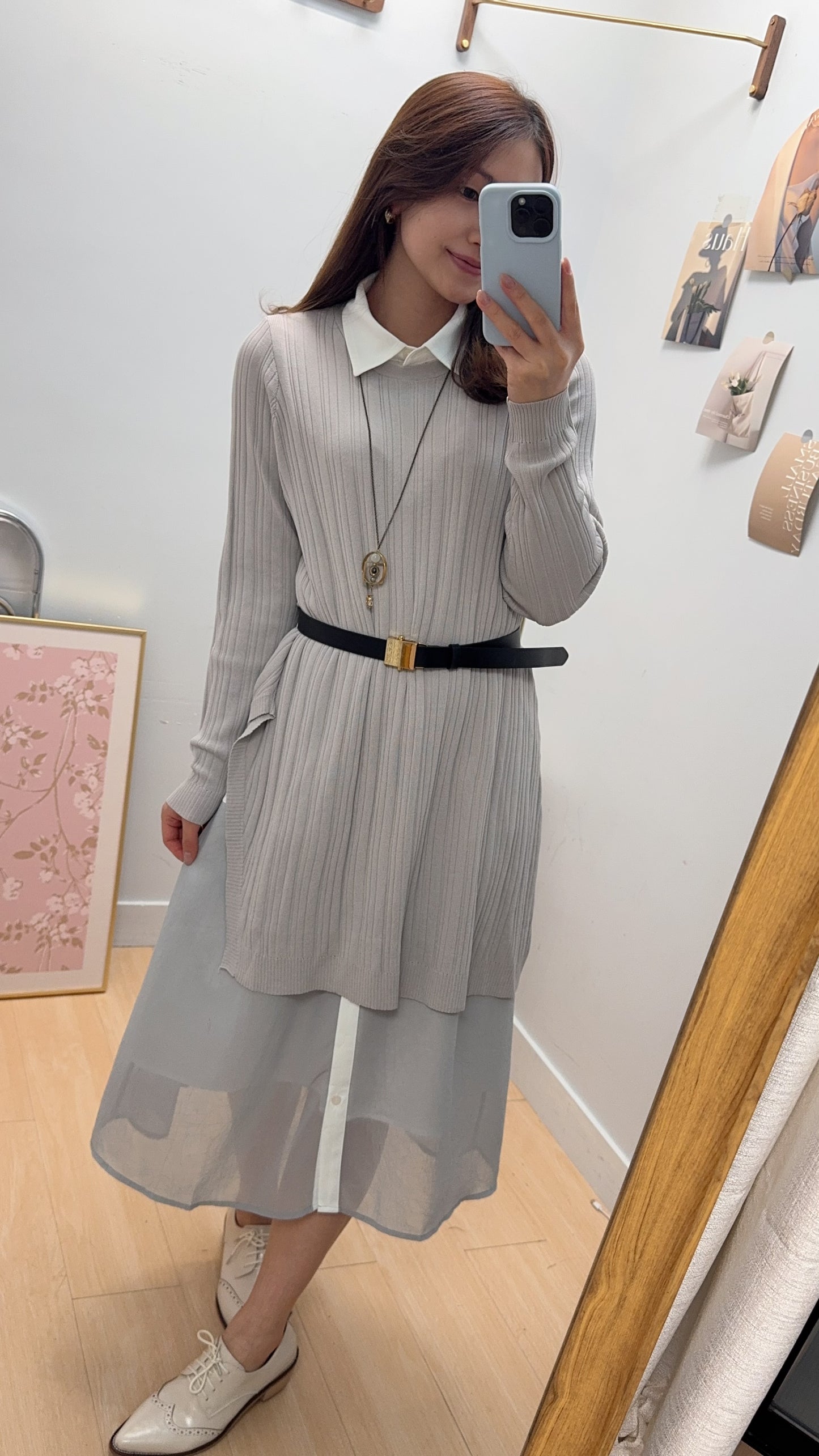 M261311 《顯瘦背心袖恤衫+坑紋針織冷衫》杏