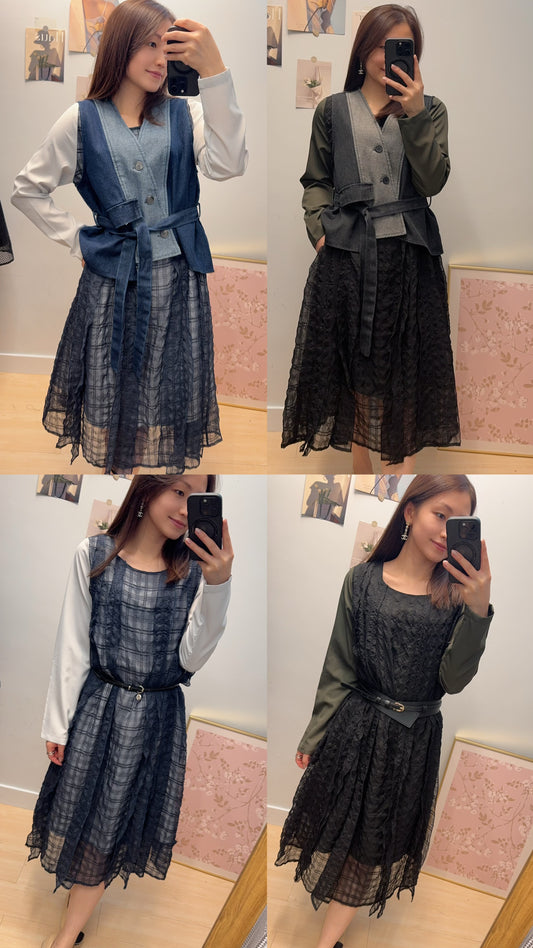 B53410 《牛仔馬甲+美美格仔皺皺OPS》 兩色（白藍/黑綠）