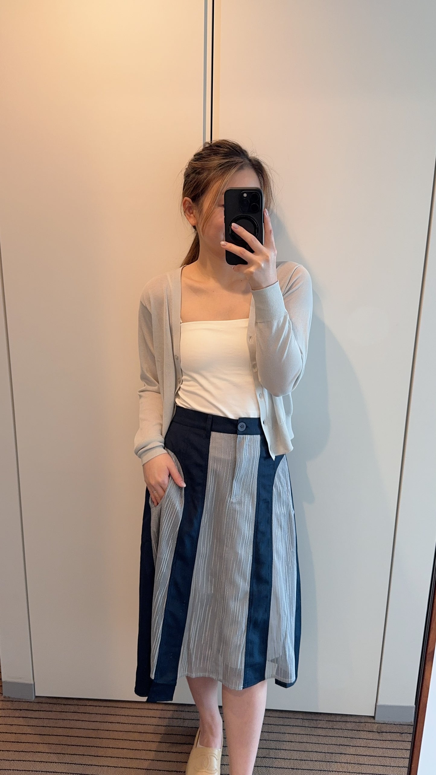 P168004《樹紋拼網布前短後長半截裙》（藍灰/黑綠）