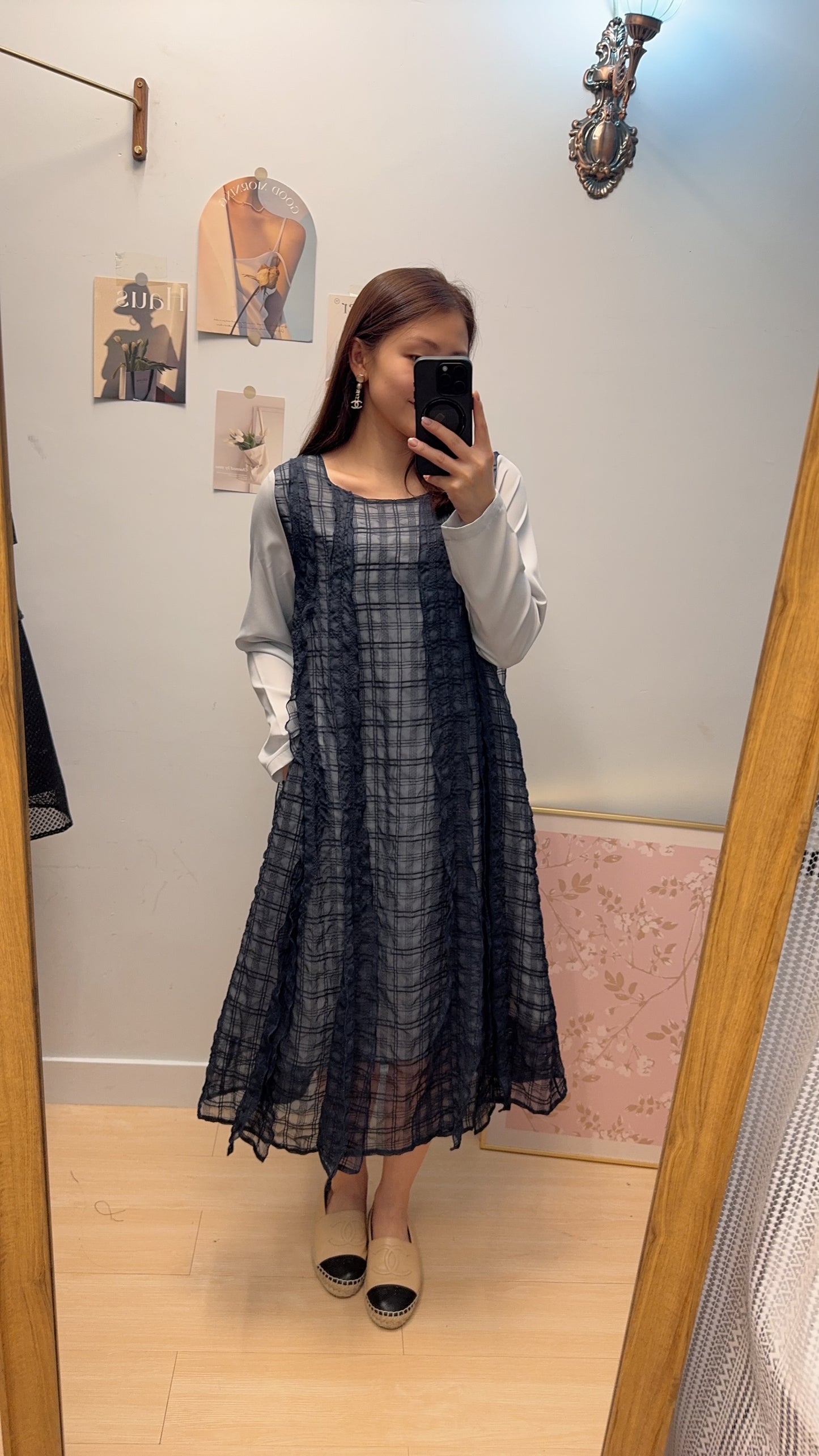 B53410 《牛仔馬甲+美美格仔皺皺OPS》 兩色（白藍/黑綠）