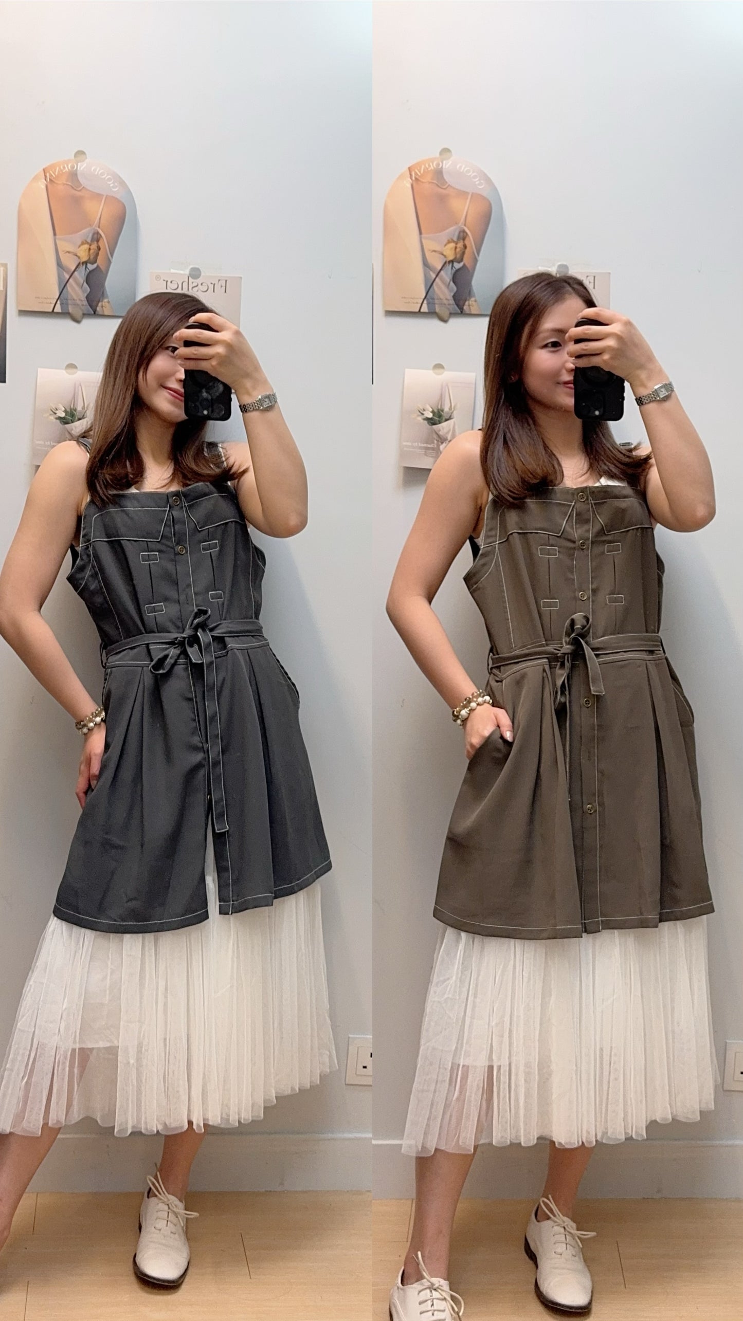 P180010《中長款明線吊帶～襯衫一流》兩色（綠/藍）