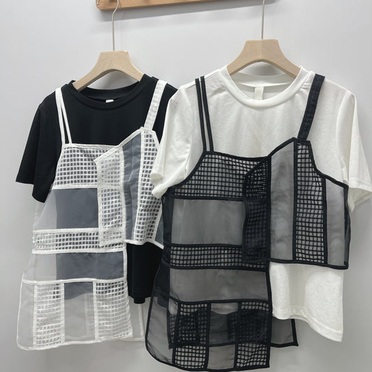 L4144《分開兩件/黑白TOP配吊帶背心》黑色