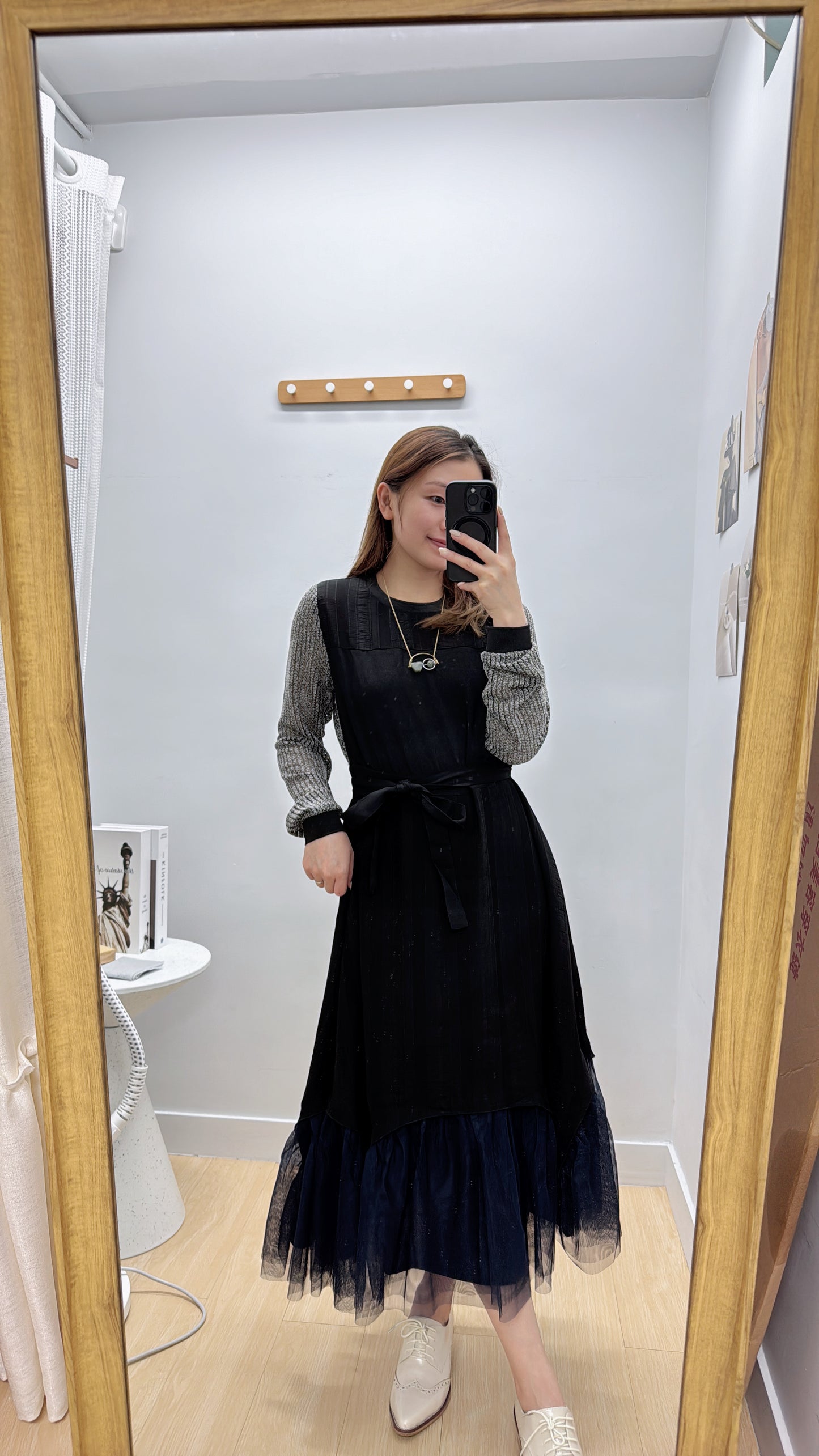 L500910《免熨長袖仙氣紗紗OPS》黑色